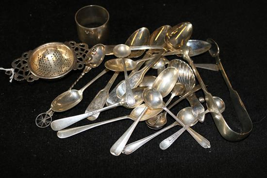 Small silver, Georgian and later, inc caddy & other spoons, napkin ring, tea strainer, swizzle and cocktail sticks etc (Q)